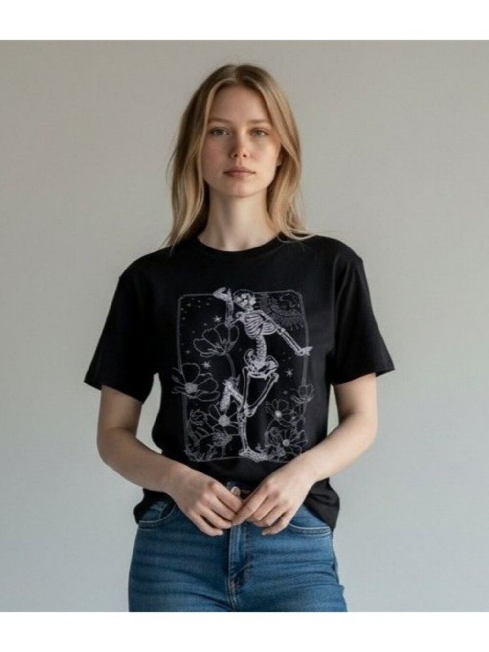 Dancing Skeleton Graphic Tee In Black Size M Cotton Blend Short Sleeve Casual Un